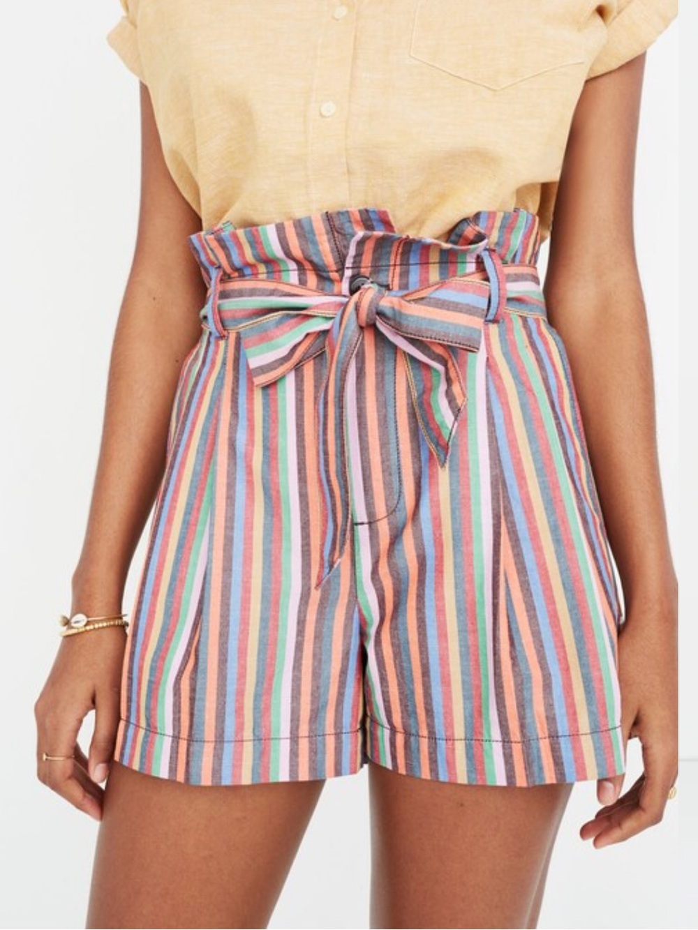Madewell Linen Blend High Waist Paperbag Shorts in Rainbow Stripe size 6